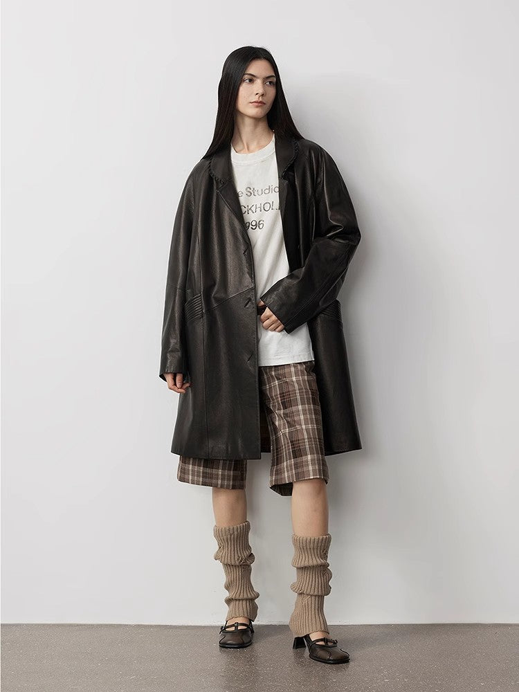Sonorous Rose Vintage Imported Oil Waxed Goatskin Long Trench Coat PremiumStyle Co.,Limited