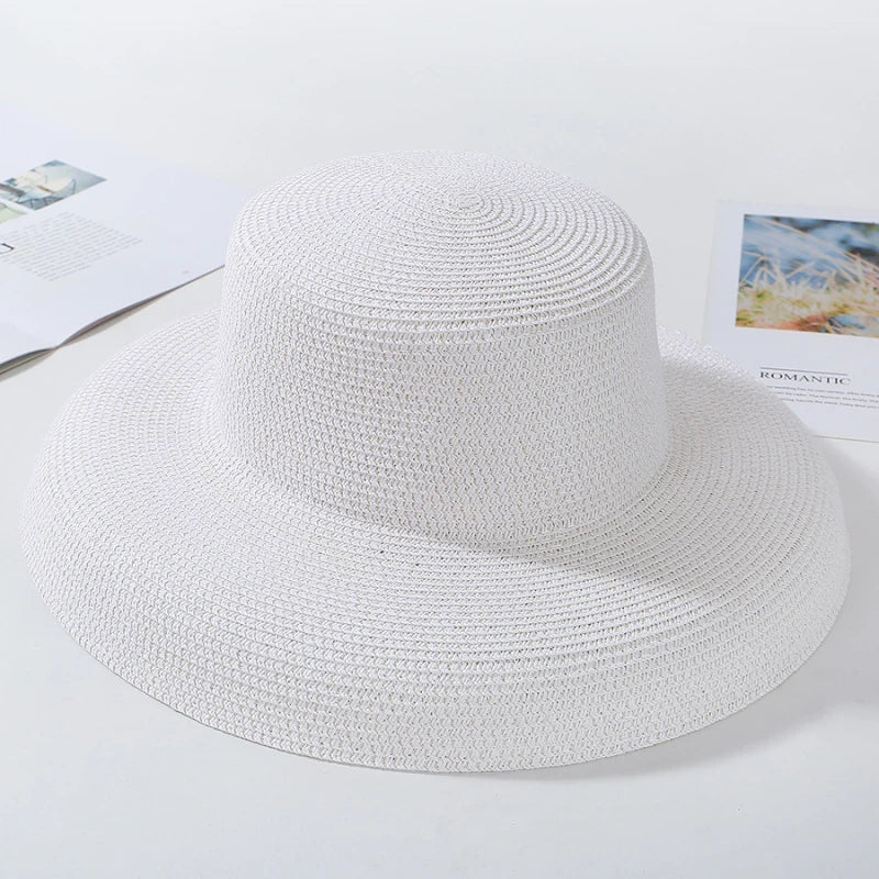 HT2303 2023 New Summer Sun Hats Ladies Solid Plain Elegant Wide Brim Hat Female Round Top Panama Floppy Straw Beach Hat Women Les Cendres de Lune