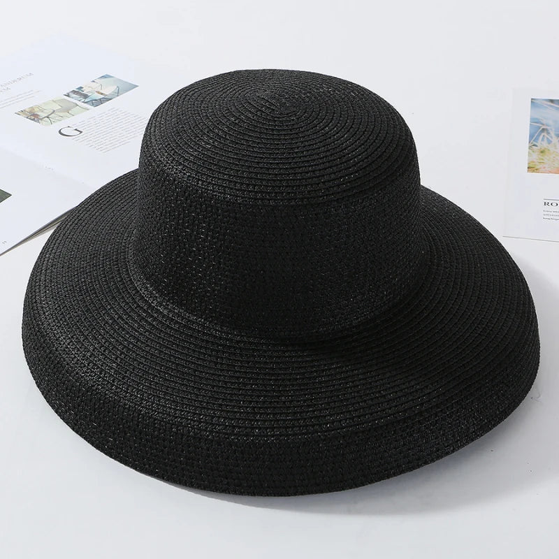 HT2303 2023 New Summer Sun Hats Ladies Solid Plain Elegant Wide Brim Hat Female Round Top Panama Floppy Straw Beach Hat Women Les Cendres de Lune