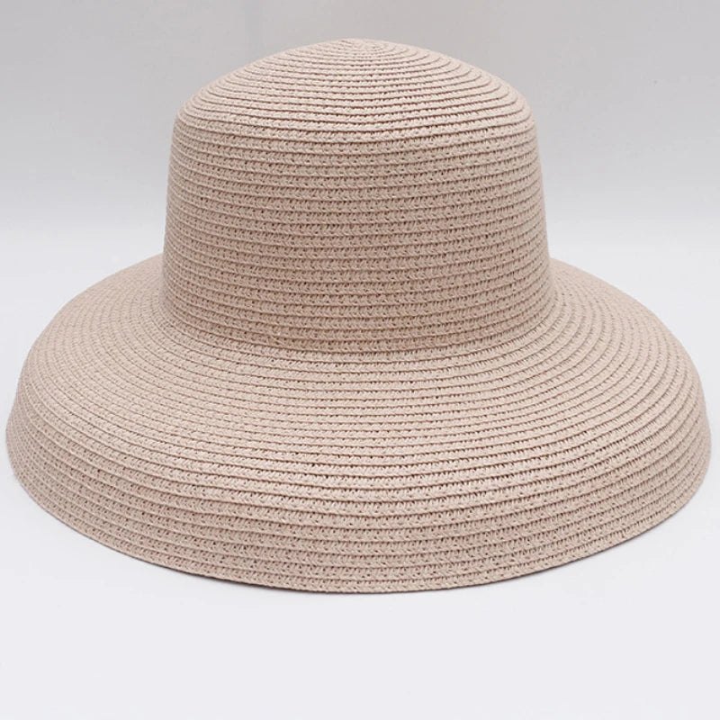 HT2303 2023 New Summer Sun Hats Ladies Solid Plain Elegant Wide Brim Hat Female Round Top Panama Floppy Straw Beach Hat Women Les Cendres de Lune
