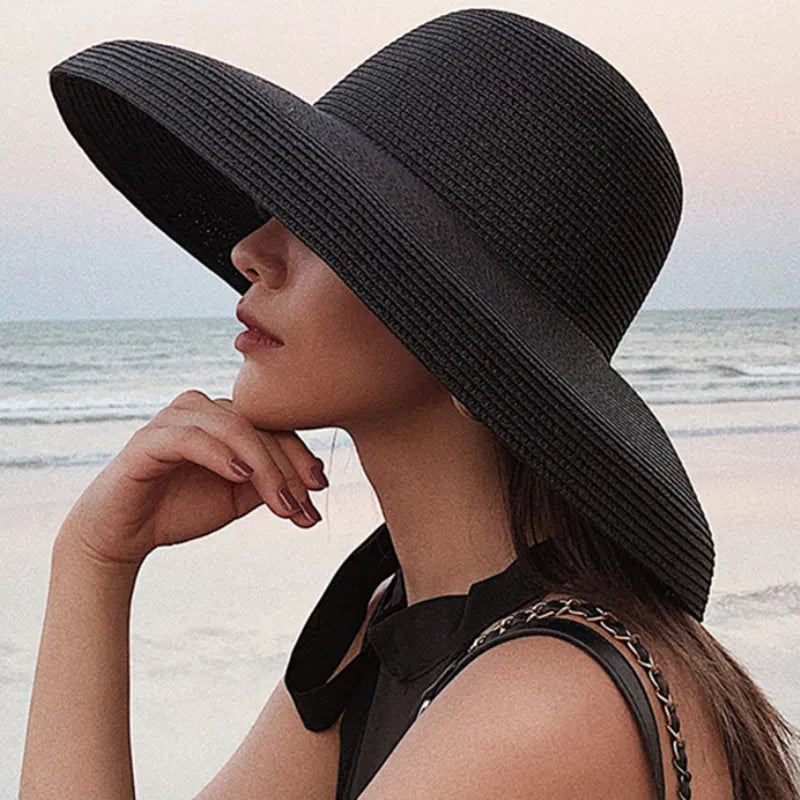 HT2303 2023 New Summer Sun Hats Ladies Solid Plain Elegant Wide Brim Hat Female Round Top Panama Floppy Straw Beach Hat Women Les Cendres de Lune