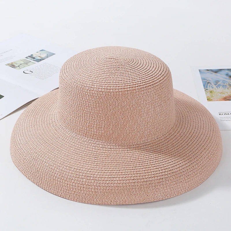 HT2303 2023 New Summer Sun Hats Ladies Solid Plain Elegant Wide Brim Hat Female Round Top Panama Floppy Straw Beach Hat Women Les Cendres de Lune