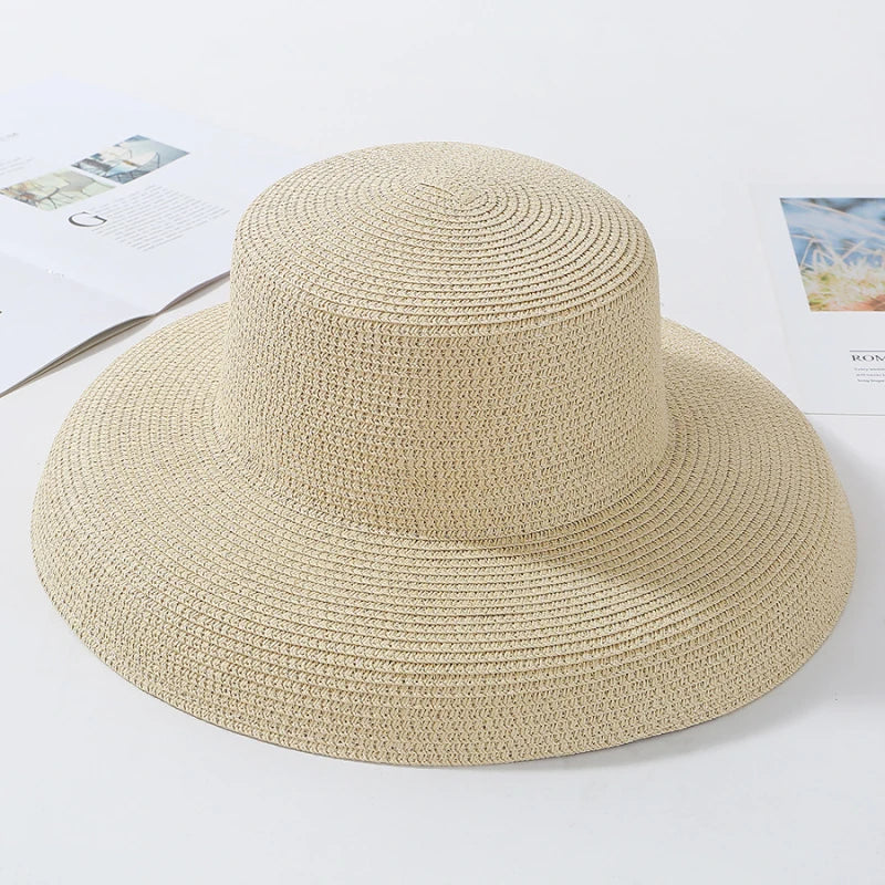 HT2303 2023 New Summer Sun Hats Ladies Solid Plain Elegant Wide Brim Hat Female Round Top Panama Floppy Straw Beach Hat Women Les Cendres de Lune