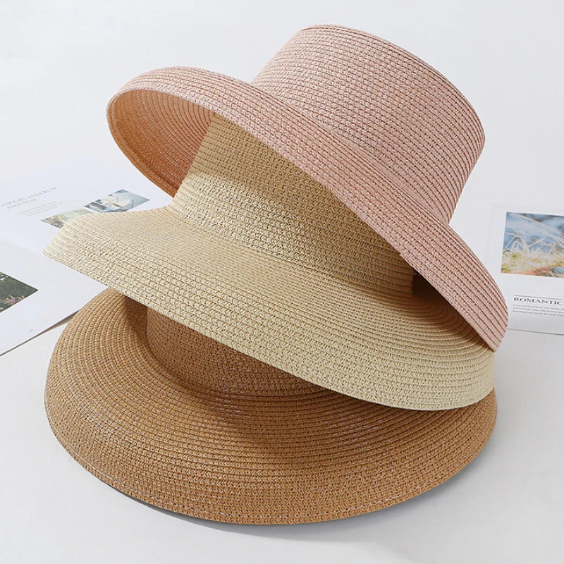 HT2303 2023 New Summer Sun Hats Ladies Solid Plain Elegant Wide Brim Hat Female Round Top Panama Floppy Straw Beach Hat Women Les Cendres de Lune