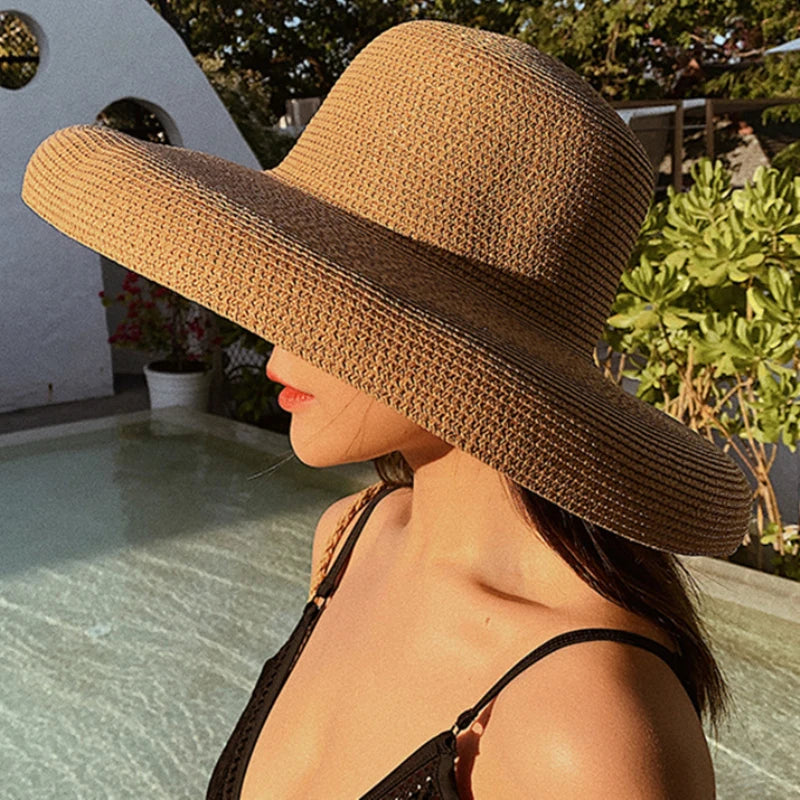HT2303 2023 New Summer Sun Hats Ladies Solid Plain Elegant Wide Brim Hat Female Round Top Panama Floppy Straw Beach Hat Women Les Cendres de Lune