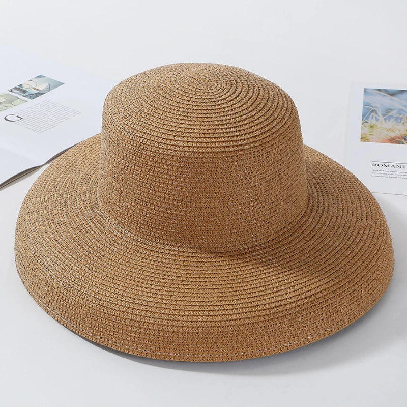 HT2303 2023 New Summer Sun Hats Ladies Solid Plain Elegant Wide Brim Hat Female Round Top Panama Floppy Straw Beach Hat Women Les Cendres de Lune