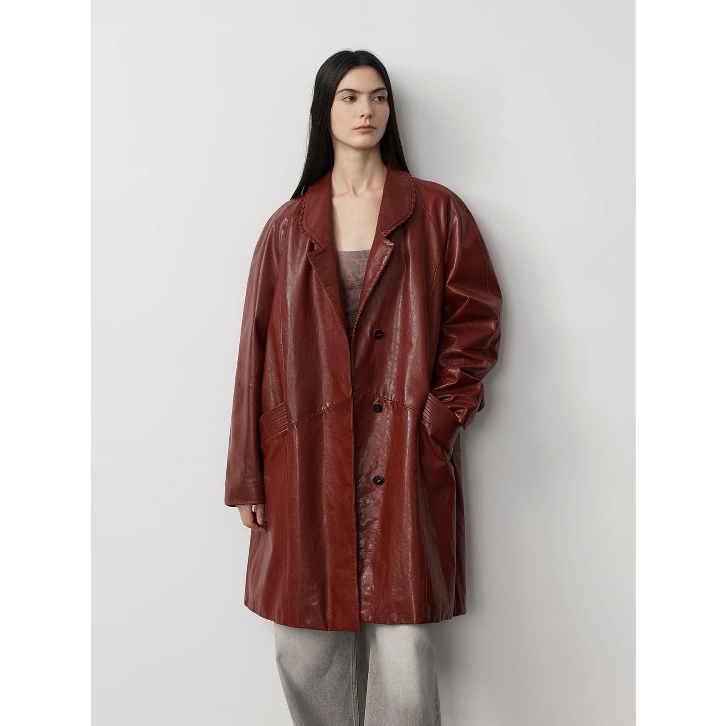 Sonorous Rose Vintage Imported Oil Waxed Goatskin Long Trench Coat PremiumStyle Co.,Limited
