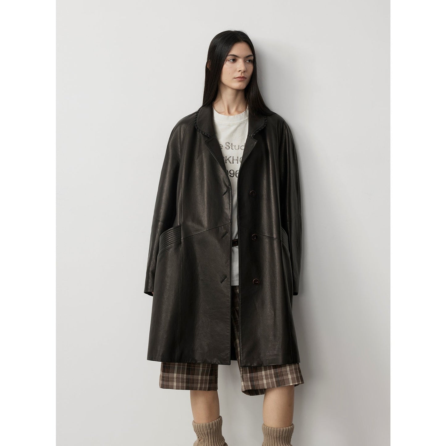Sonorous Rose Vintage Imported Oil Waxed Goatskin Long Trench Coat PremiumStyle Co.,Limited