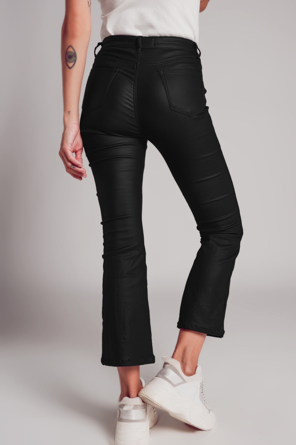 Stretch Faux Leather Flare Pants in Black Q2