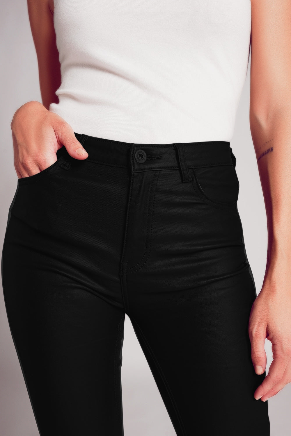 Stretch Faux Leather Flare Pants in Black Q2