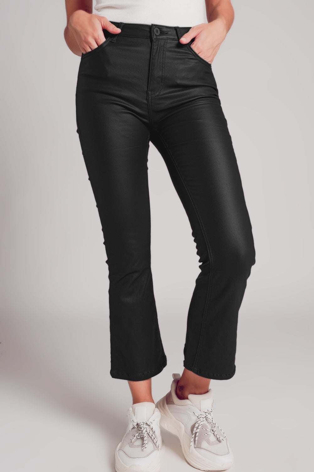 Stretch Faux Leather Flare Pants in Black Q2
