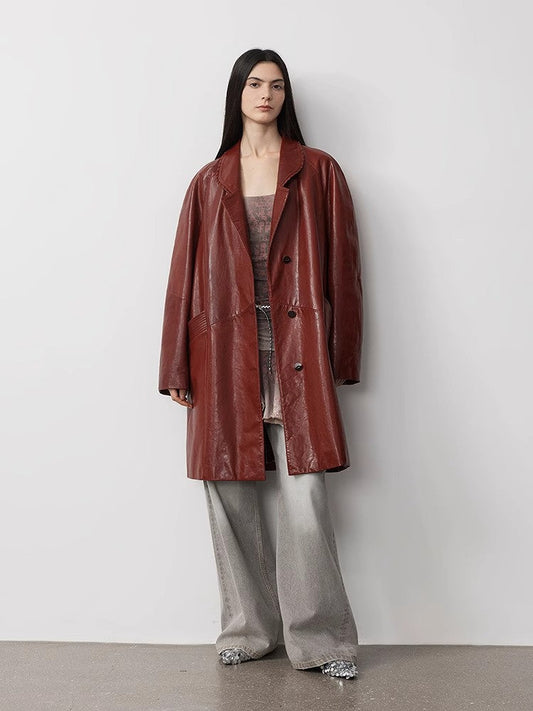 Sonorous Rose Vintage Imported Oil Waxed Goatskin Long Trench Coat PremiumStyle Co.,Limited