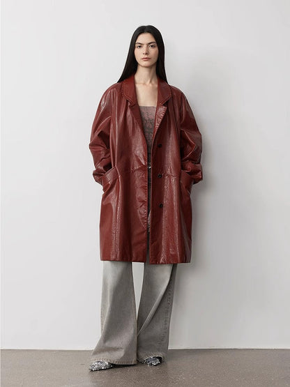 Sonorous Rose Vintage Imported Oil Waxed Goatskin Long Trench Coat PremiumStyle Co.,Limited