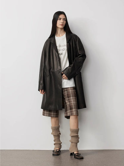 Sonorous Rose Vintage Imported Oil Waxed Goatskin Long Trench Coat PremiumStyle Co.,Limited
