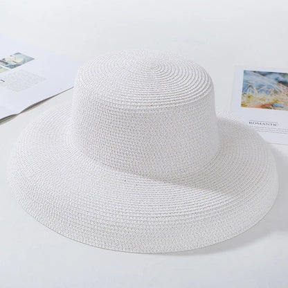 HT2303 2023 New Summer Sun Hats Ladies Solid Plain Elegant Wide Brim Hat Female Round Top Panama Floppy Straw Beach Hat Women Les Cendres de Lune