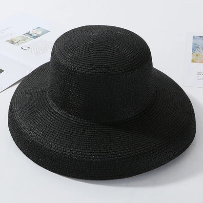 HT2303 2023 New Summer Sun Hats Ladies Solid Plain Elegant Wide Brim Hat Female Round Top Panama Floppy Straw Beach Hat Women Les Cendres de Lune