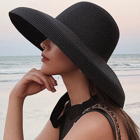 HT2303 2023 New Summer Sun Hats Ladies Solid Plain Elegant Wide Brim Hat Female Round Top Panama Floppy Straw Beach Hat Women Les Cendres de Lune