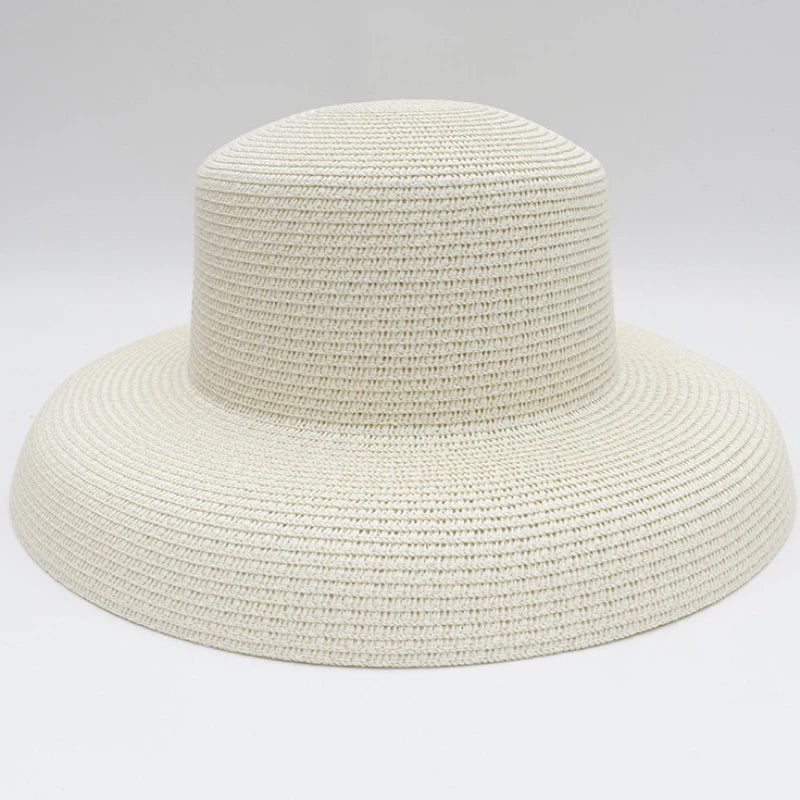 HT2303 2023 New Summer Sun Hats Ladies Solid Plain Elegant Wide Brim Hat Female Round Top Panama Floppy Straw Beach Hat Women Les Cendres de Lune