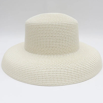HT2303 2023 New Summer Sun Hats Ladies Solid Plain Elegant Wide Brim Hat Female Round Top Panama Floppy Straw Beach Hat Women Les Cendres de Lune