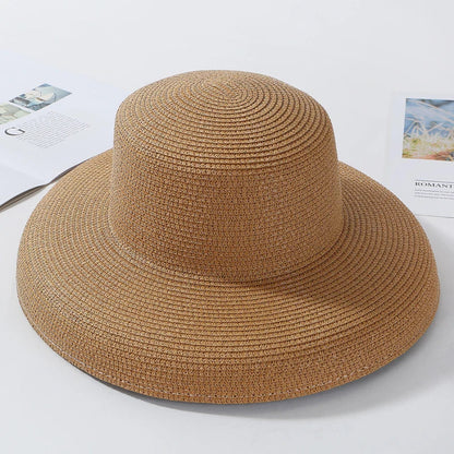 HT2303 2023 New Summer Sun Hats Ladies Solid Plain Elegant Wide Brim Hat Female Round Top Panama Floppy Straw Beach Hat Women Les Cendres de Lune