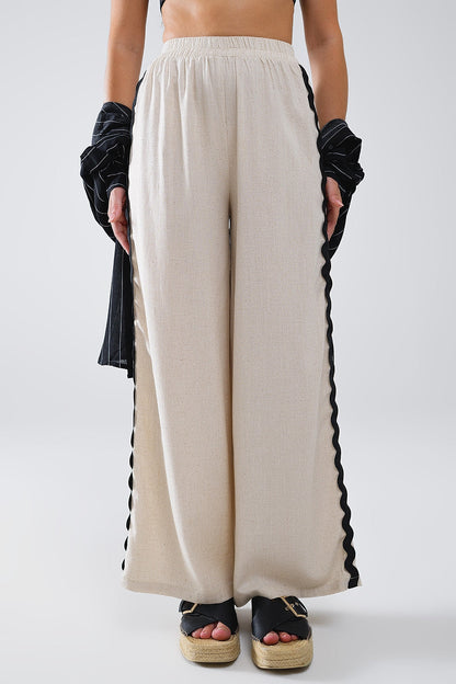 Linen Contrast Scallop Trim Pants in Beige Q2