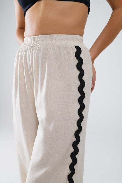 Linen Contrast Scallop Trim Pants in Beige Q2