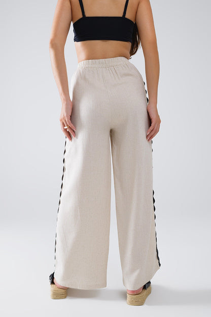 Linen Contrast Scallop Trim Pants in Beige Q2