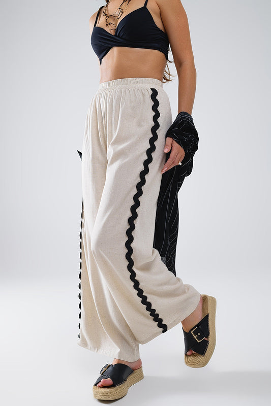 Linen Contrast Scallop Trim Pants in Beige Q2