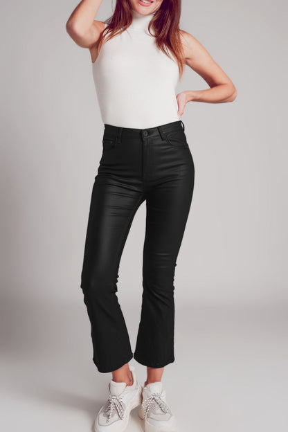 Stretch Faux Leather Flare Pants in Black Q2
