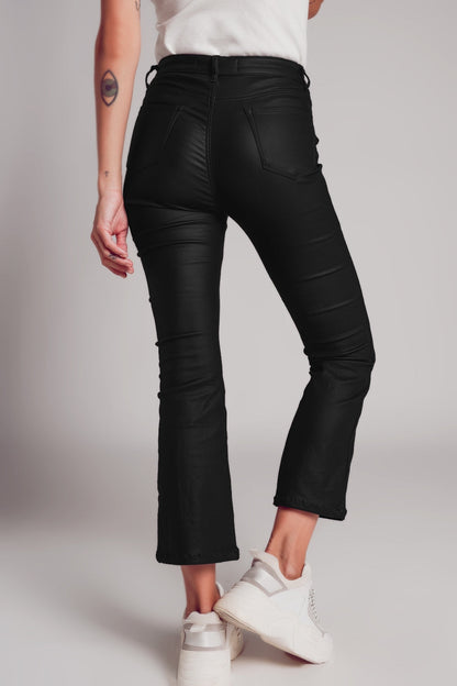 Stretch Faux Leather Flare Pants in Black Q2
