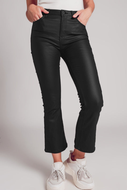 Stretch Faux Leather Flare Pants in Black Q2